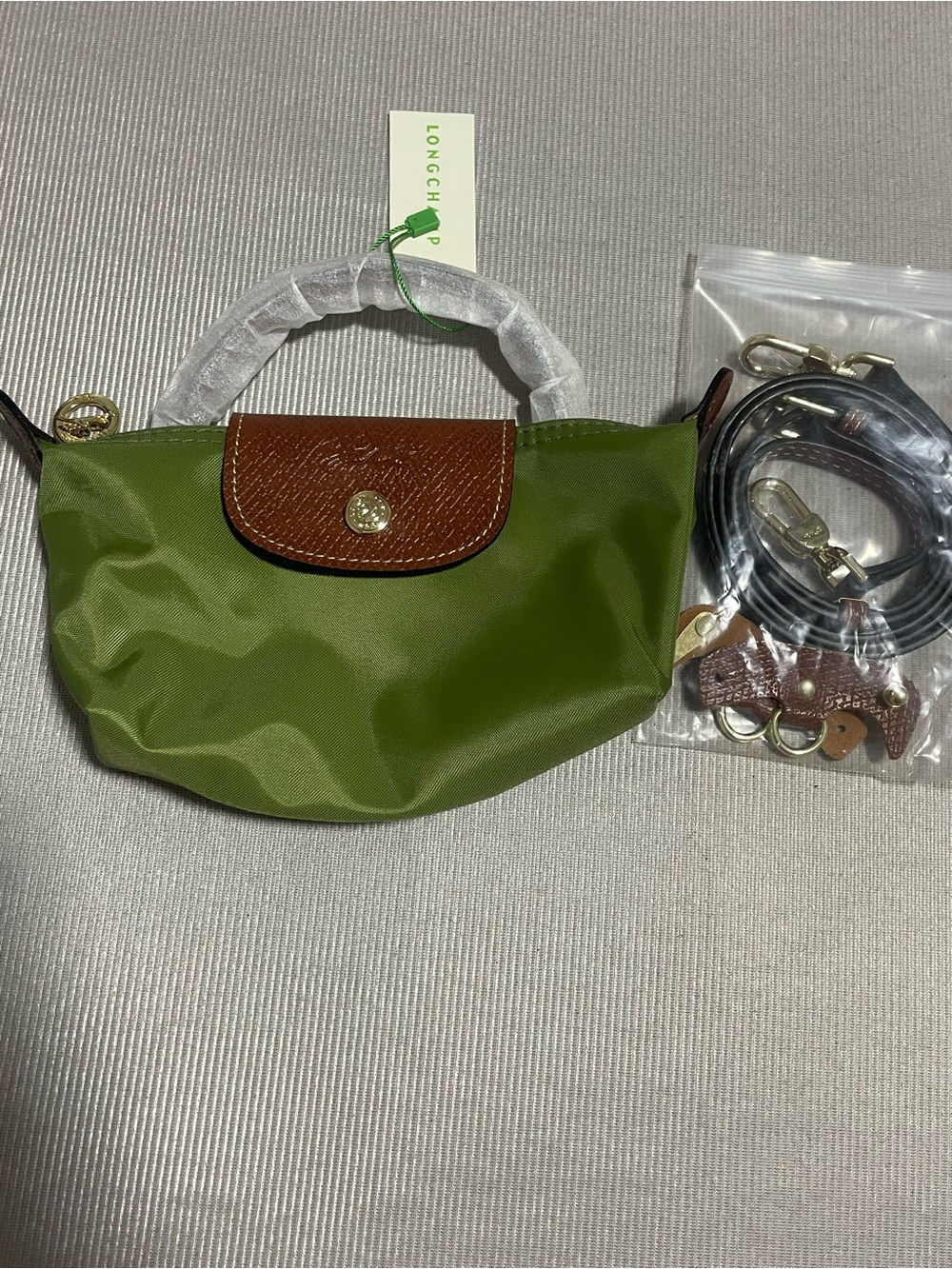 Longchamp Green Nylon Mini Tote with Brown Leather Flap